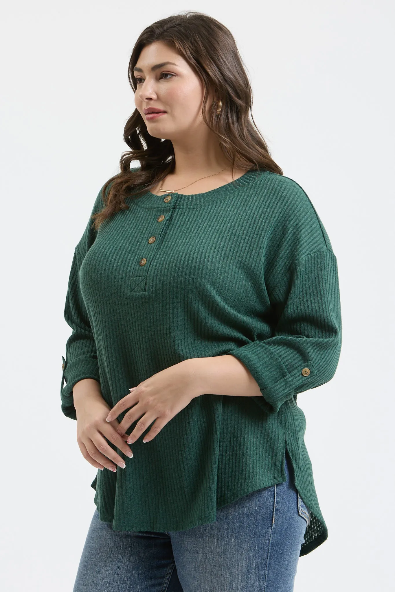 PLUS 3/4 TAB SLEEVE HENLEY KNIT TOP