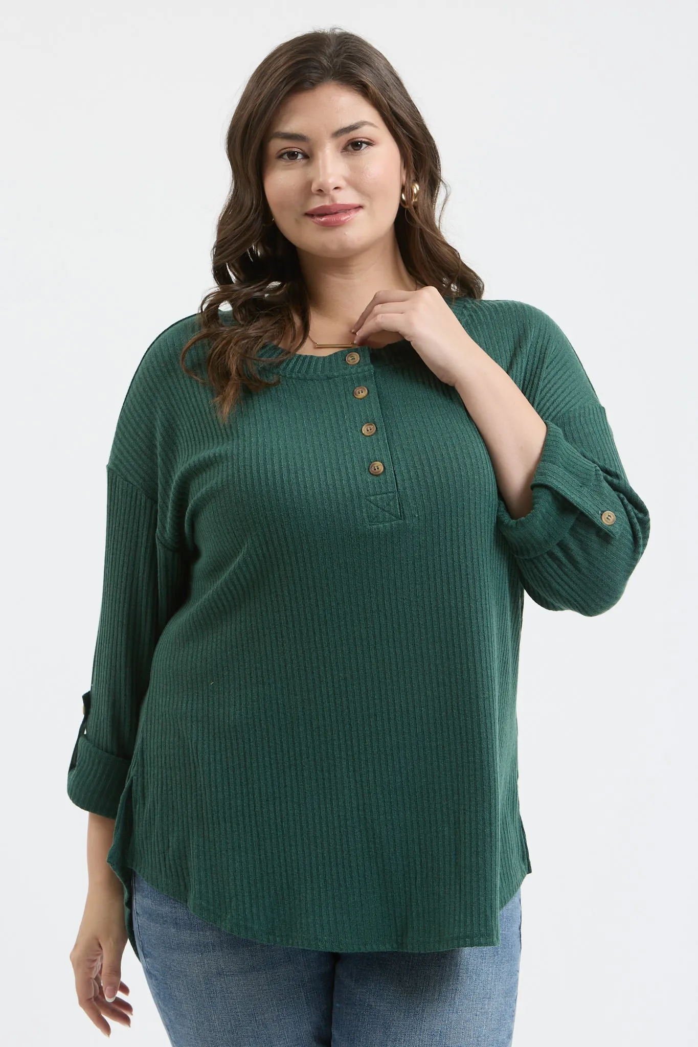 PLUS 3/4 TAB SLEEVE HENLEY KNIT TOP