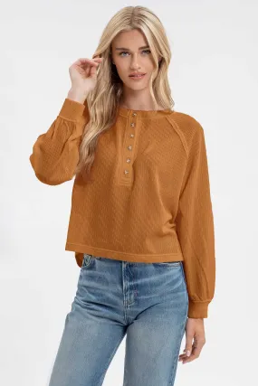 RAGLAN LONG SLEEVE HENLEY KNIT TOP