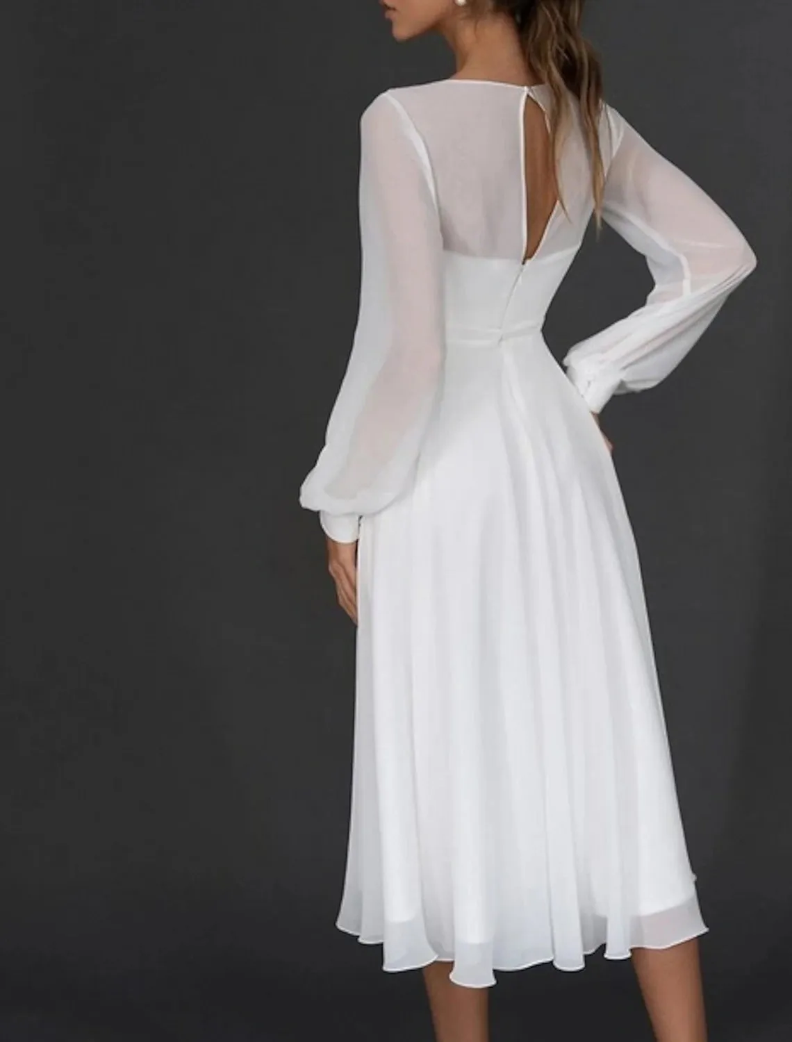 Reception Little White Dresses Wedding Dresses A-Line V Neck Long Sleeve Tea Length Chiffon Bridal Gowns With Pleats