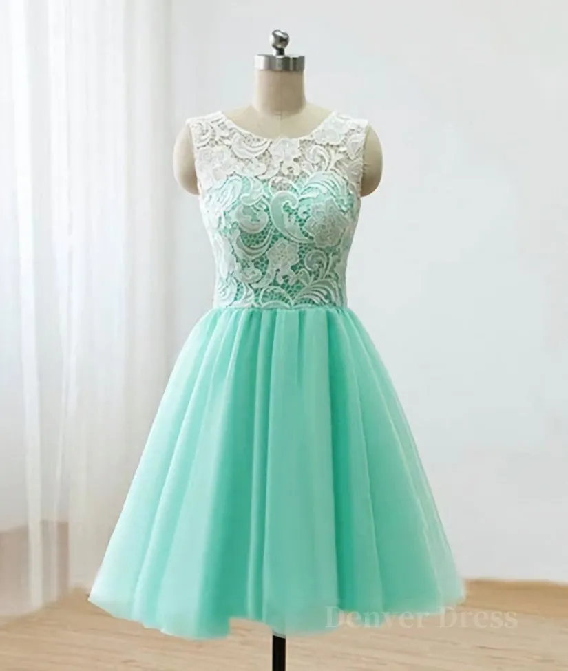 Round-Neck Lace Tulle Short Green Prom Dresses, Lace Homecoming Dresses