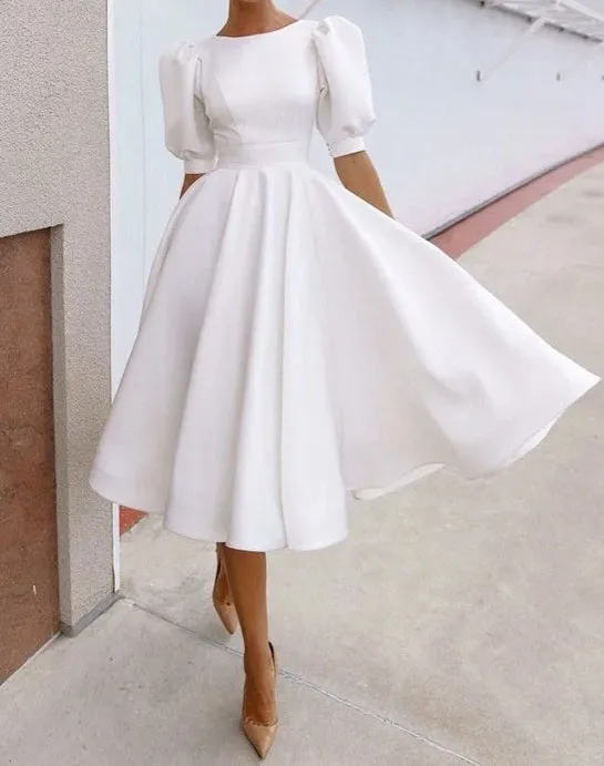 Satin Puff Sleeve Tea Length Wedding Dress