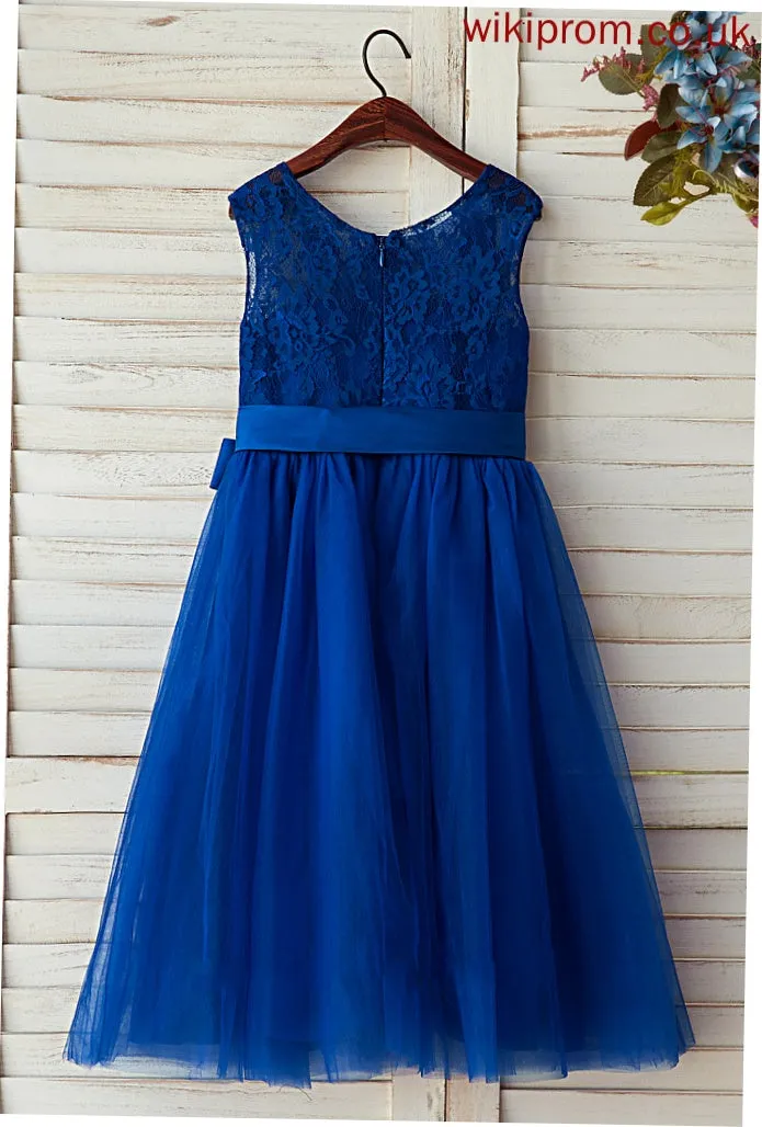 Satin/Tulle/Lace Girl Kimberly Neck Sleeveless Scoop Tea-length - A-Line Flower Flower Girl Dresses Dress