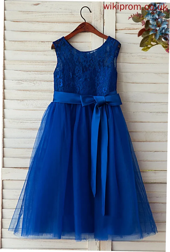 Satin/Tulle/Lace Girl Kimberly Neck Sleeveless Scoop Tea-length - A-Line Flower Flower Girl Dresses Dress