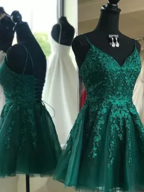 Short V Neck Dark Green Lace Prom Dresses, Short Dark Green Lace Graduation Homecoming Dresses