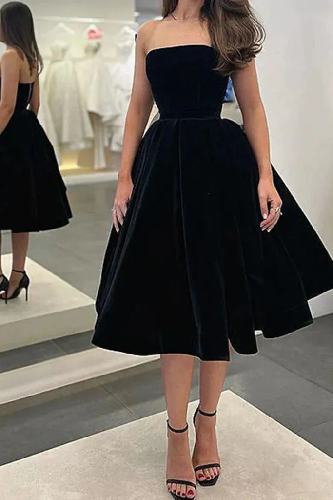 Strapless Tea Length Black Velvet Prom Dresses, A Line Simple Homecoming Dresses OK1713