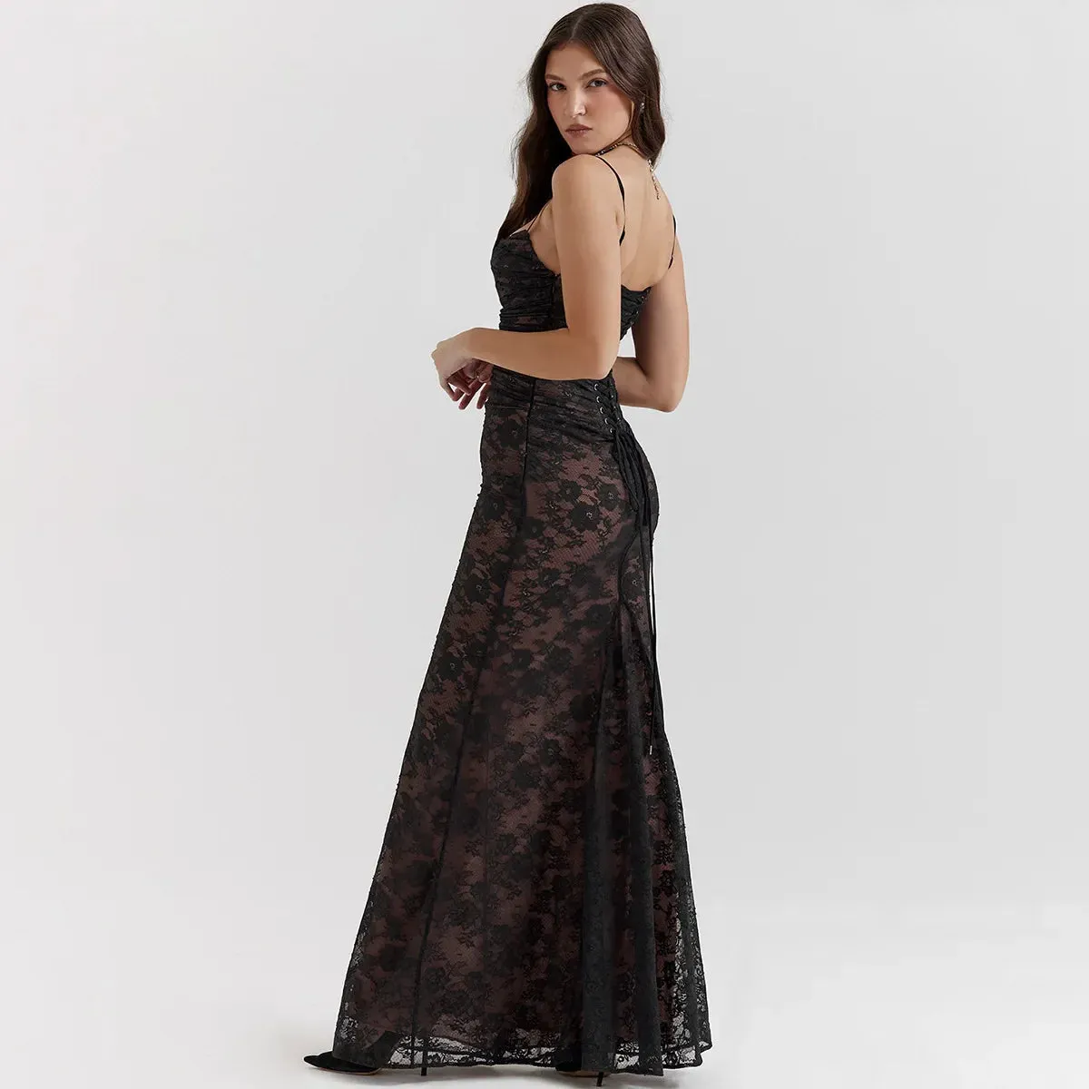 Summer Long Lace Maxi Formal Occasion Black Lace Up Elegant Event 2 Pieces Set Dress