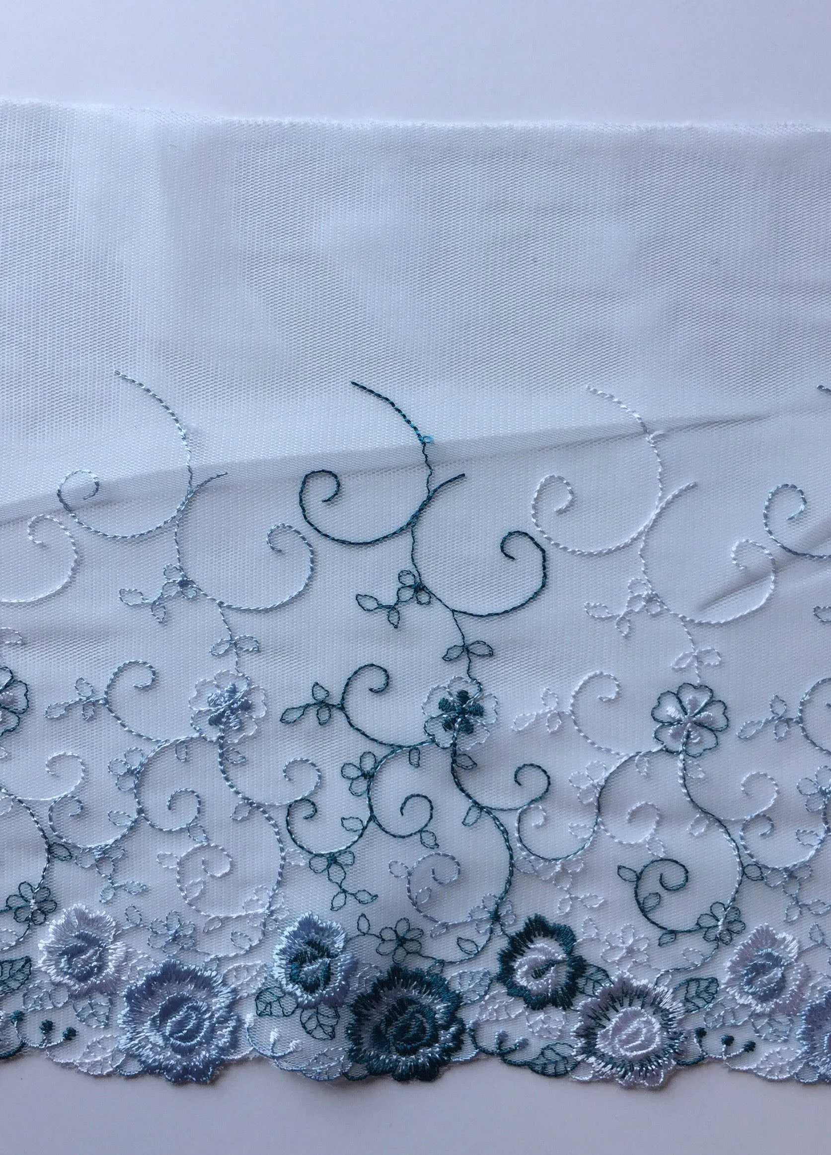 Teal/White/Periwinkle 9" Wide Embroidered Lace Trim