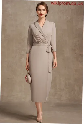 the V-neck Bride Sheath/Column Mother of the Bride Dresses With Mother Chiffon Bow(s) Brenda Dress of Tea-Length