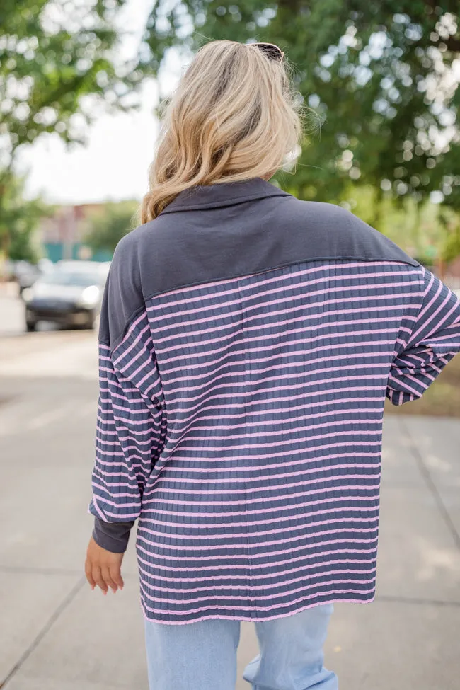 This Is The Life Navy and Pink Striped Collared Henley Oversized Knit Top