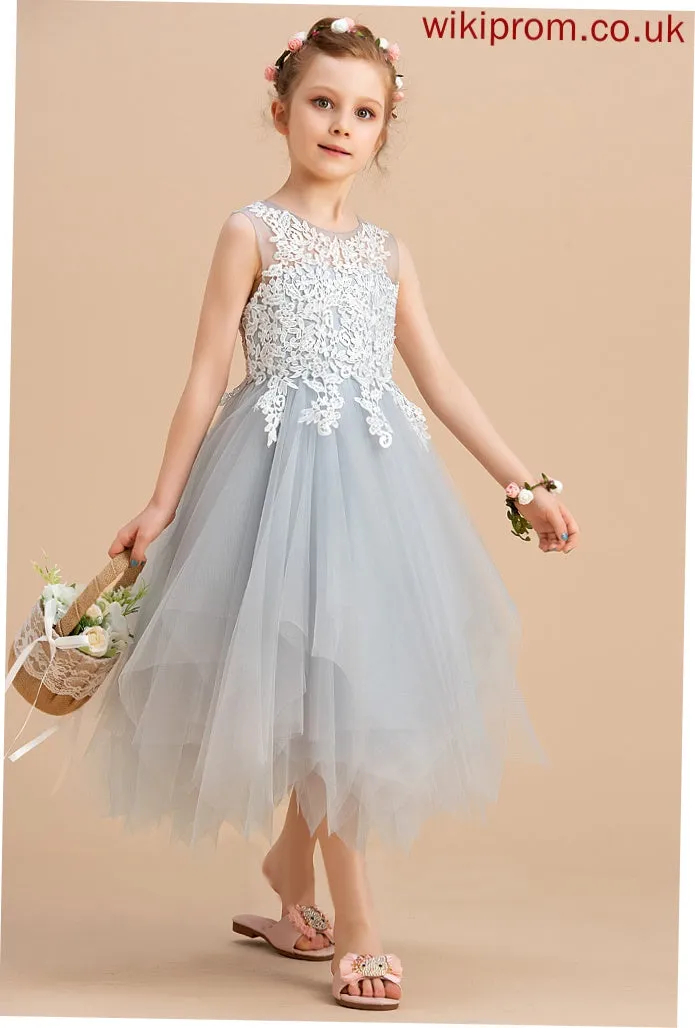 Tulle/Lace A-Line Neck Girl Sleeveless Flower Girl Dresses Flower Tea-length Lila - Dress Scoop