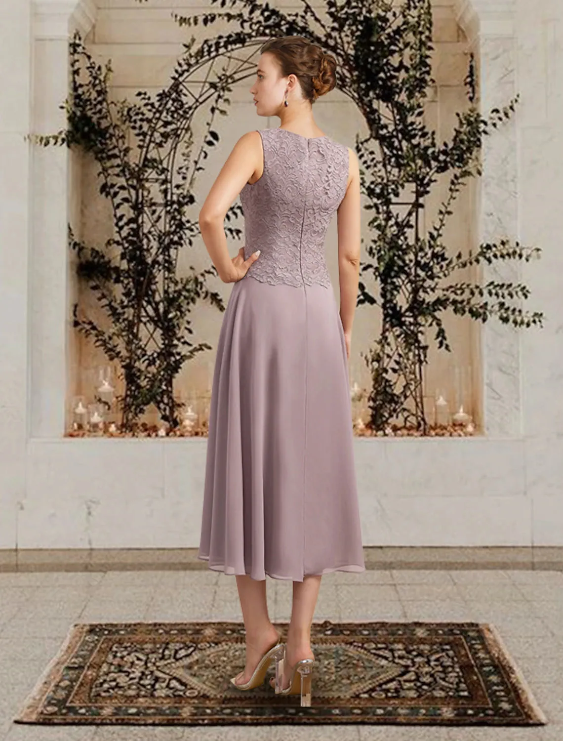 Two Piece A-Line Mother of the Bride Dress Church Elegant Jewel Neck Floor Length Tea Length Chiffon Lace Sleeveless Short Jacket Dresses with Ruffles Appliques