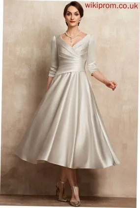 V-neck Ruffle Aliana Dress of Bride With Tea-Length A-Line Mother of the Bride Dresses Mother Satin the