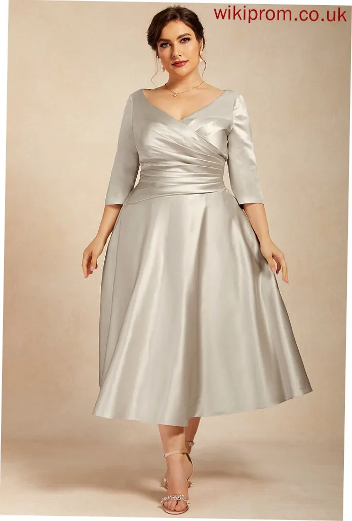 V-neck Ruffle Aliana Dress of Bride With Tea-Length A-Line Mother of the Bride Dresses Mother Satin the