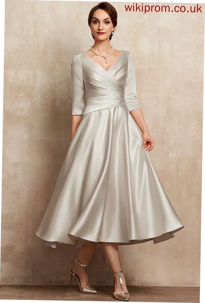 V-neck Ruffle Aliana Dress of Bride With Tea-Length A-Line Mother of the Bride Dresses Mother Satin the