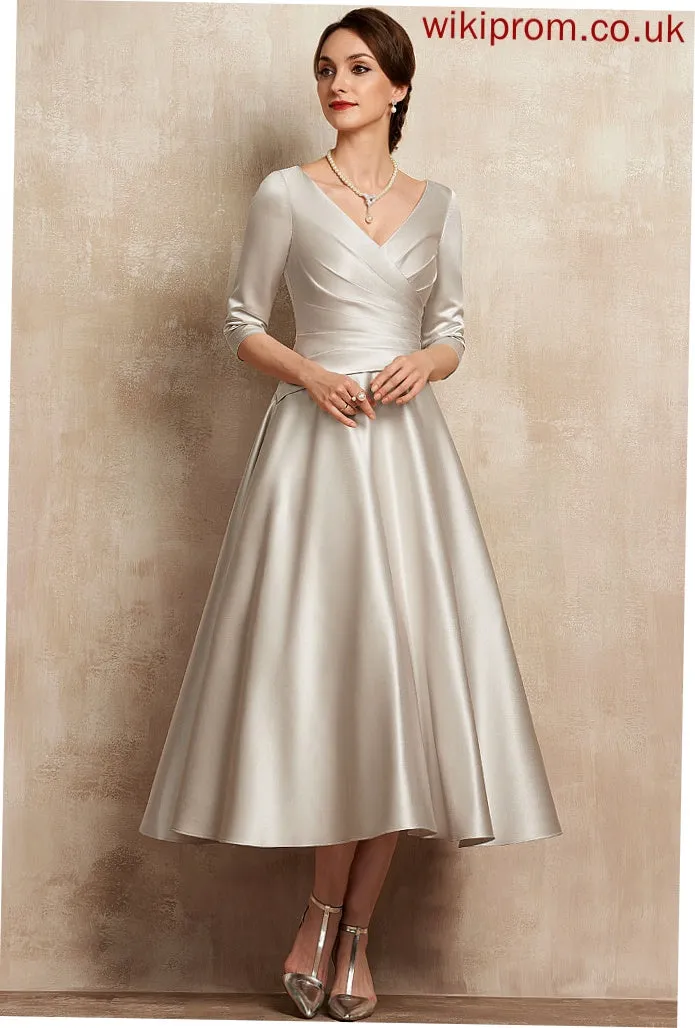 V-neck Ruffle Aliana Dress of Bride With Tea-Length A-Line Mother of the Bride Dresses Mother Satin the