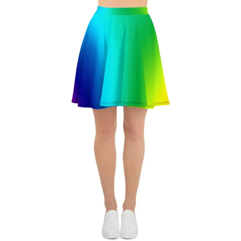 Vibrant Rainbow Skater Skirt, Designer Colorful Rainbow Ombre Print Women's Skater Skirt- Made in USA/EU