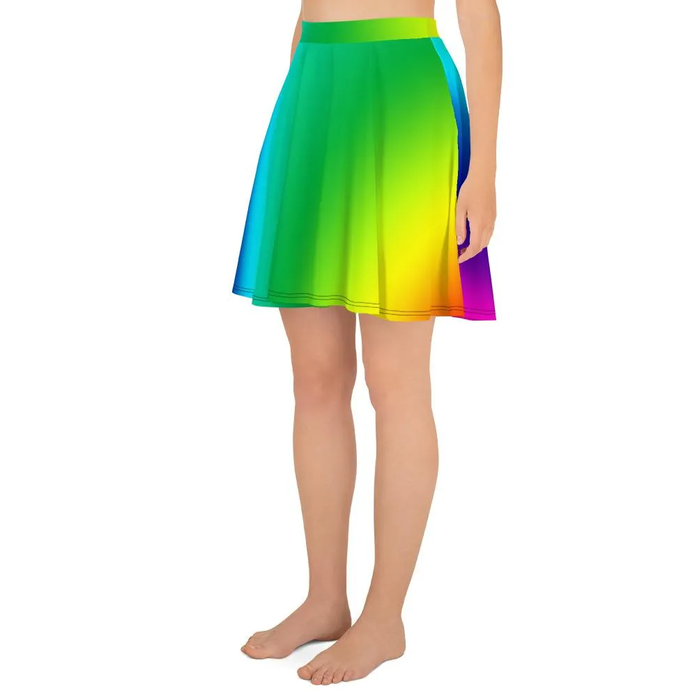 Vibrant Rainbow Skater Skirt, Designer Colorful Rainbow Ombre Print Women's Skater Skirt- Made in USA/EU