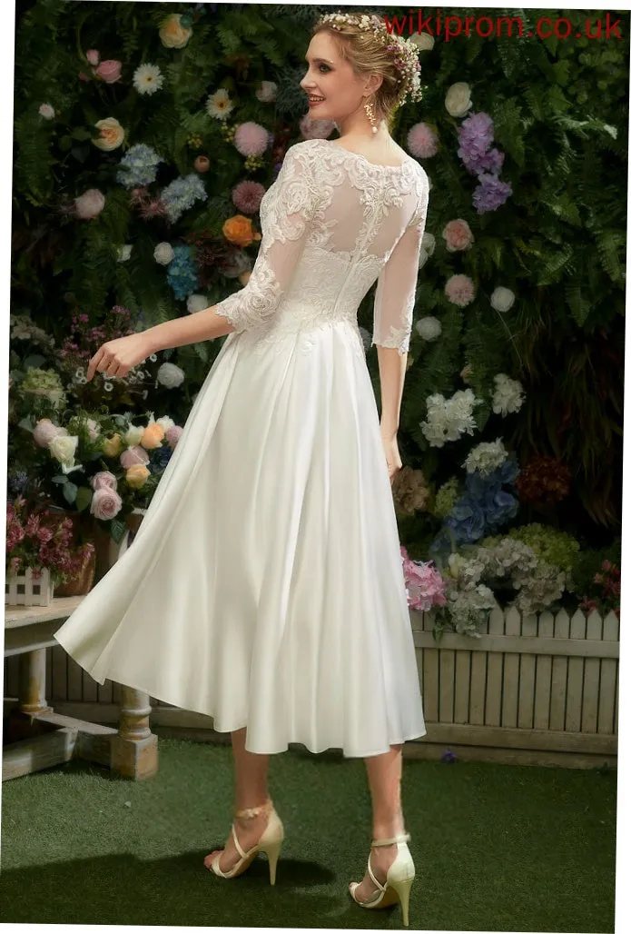 Wedding Ruth Lace Tea-Length With Satin Illusion A-Line Dress Wedding Dresses