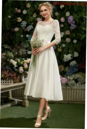 Wedding Ruth Lace Tea-Length With Satin Illusion A-Line Dress Wedding Dresses