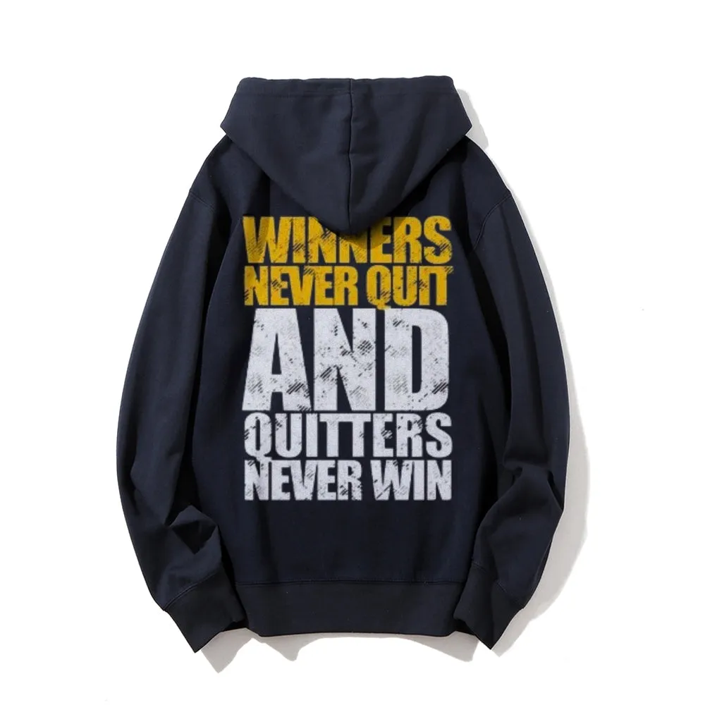 Winners Never Quit Funny Letter Graphic Pullover With Kangaroo Pocket Hoodies