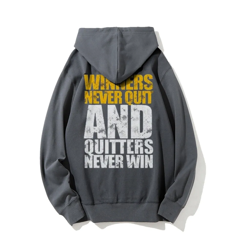 Winners Never Quit Funny Letter Graphic Pullover With Kangaroo Pocket Hoodies