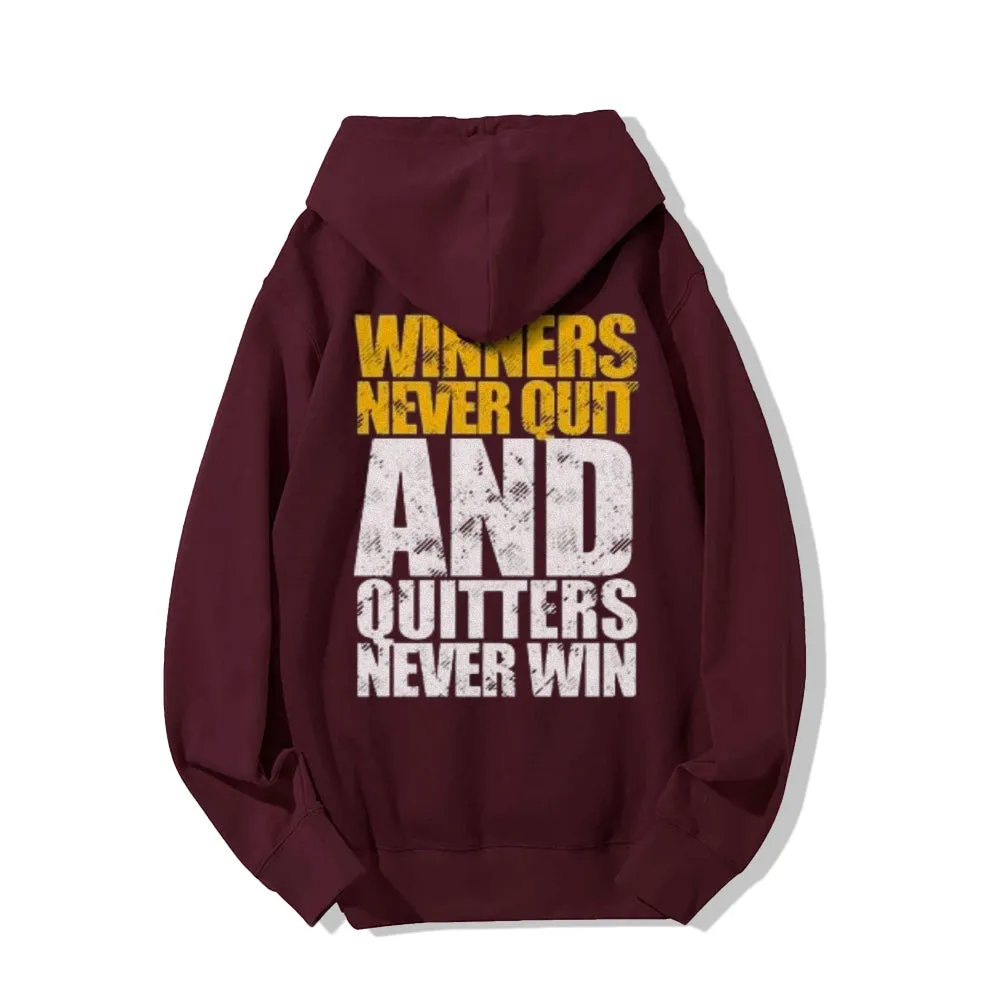 Winners Never Quit Funny Letter Graphic Pullover With Kangaroo Pocket Hoodies