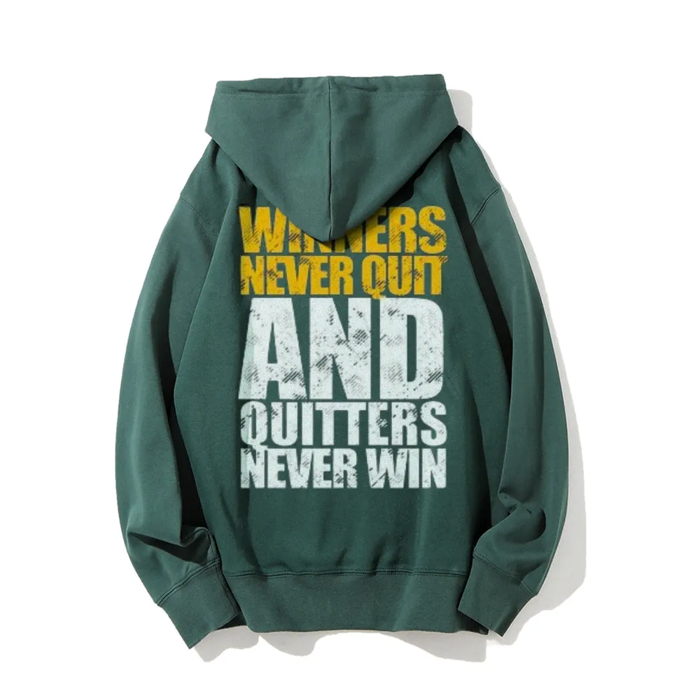 Winners Never Quit Funny Letter Graphic Pullover With Kangaroo Pocket Hoodies