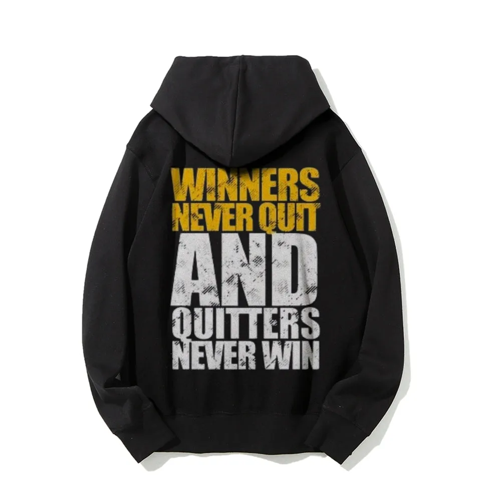 Winners Never Quit Funny Letter Graphic Pullover With Kangaroo Pocket Hoodies