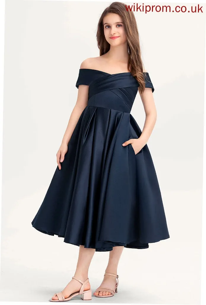 With A-Line Satin Tea-Length Ruffle Off-the-Shoulder Junior Bridesmaid Dresses Pamela Pockets