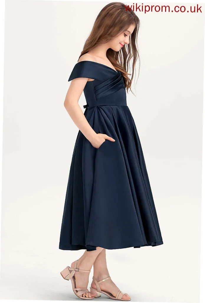 With A-Line Satin Tea-Length Ruffle Off-the-Shoulder Junior Bridesmaid Dresses Pamela Pockets