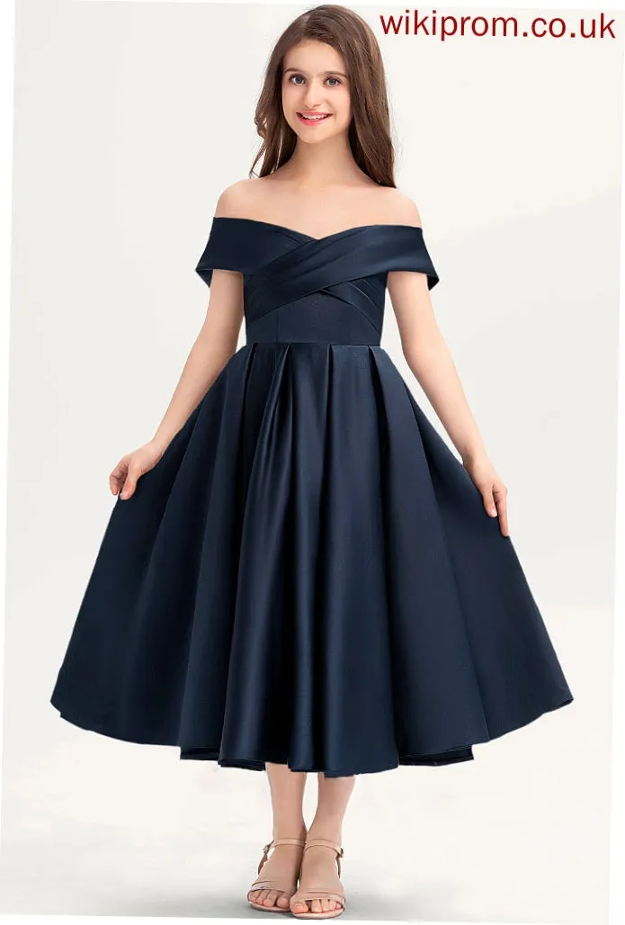 With A-Line Satin Tea-Length Ruffle Off-the-Shoulder Junior Bridesmaid Dresses Pamela Pockets