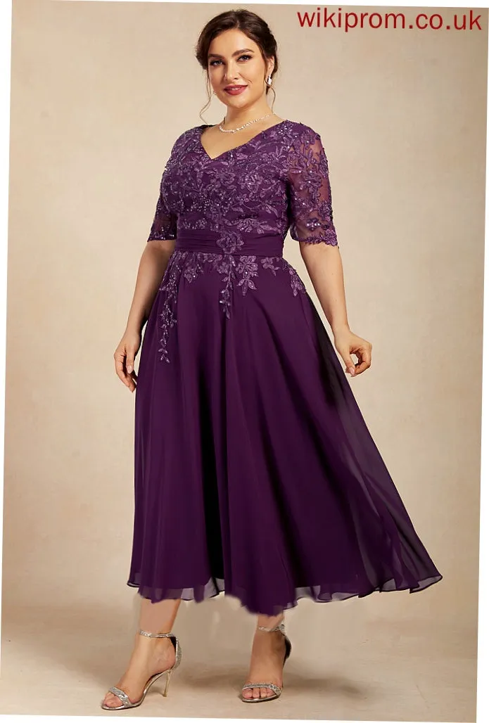 With Lace Julianne Tea-Length the Bride Mother of the Bride Dresses A-Line Chiffon Mother of Dress V-neck Sequins