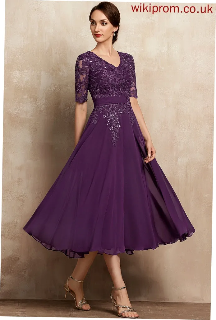 With Lace Julianne Tea-Length the Bride Mother of the Bride Dresses A-Line Chiffon Mother of Dress V-neck Sequins