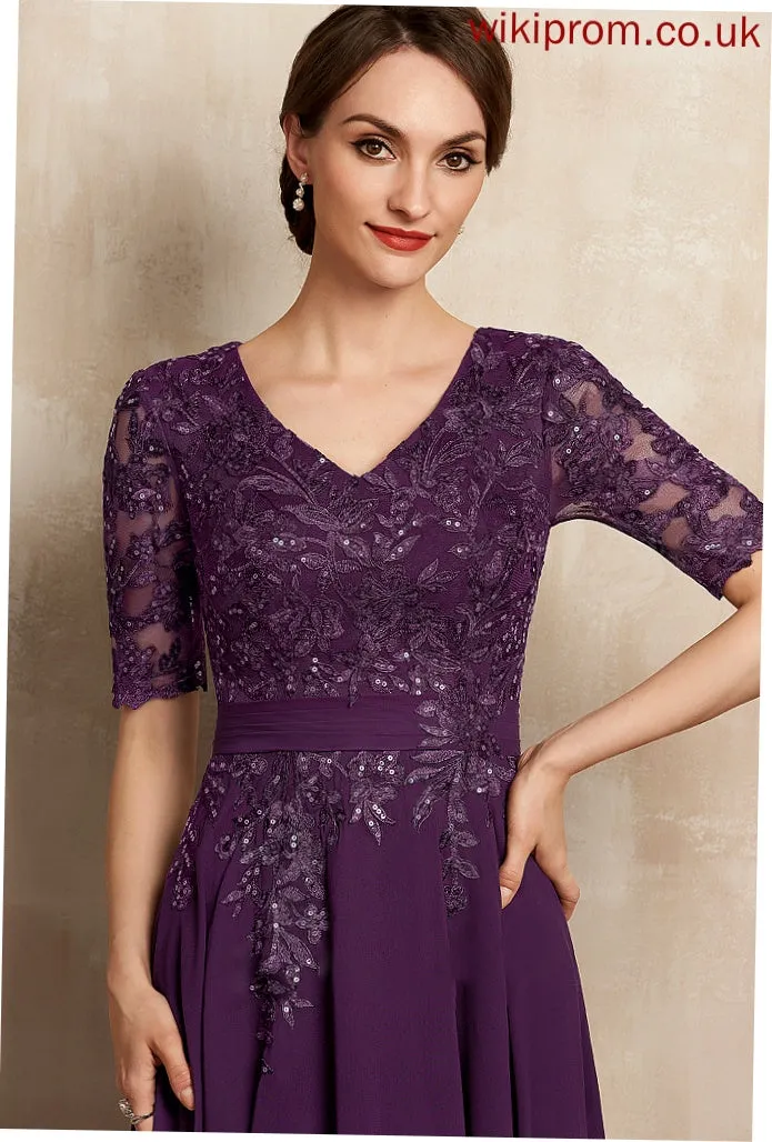 With Lace Julianne Tea-Length the Bride Mother of the Bride Dresses A-Line Chiffon Mother of Dress V-neck Sequins