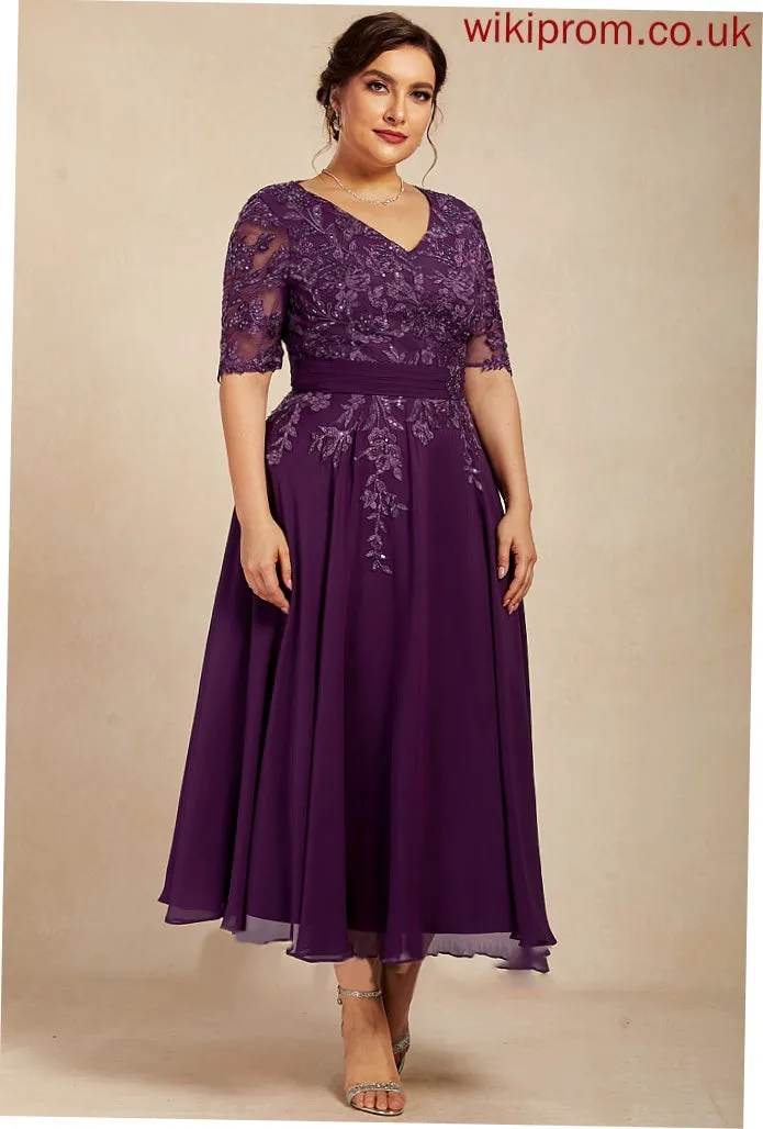 With Lace Julianne Tea-Length the Bride Mother of the Bride Dresses A-Line Chiffon Mother of Dress V-neck Sequins