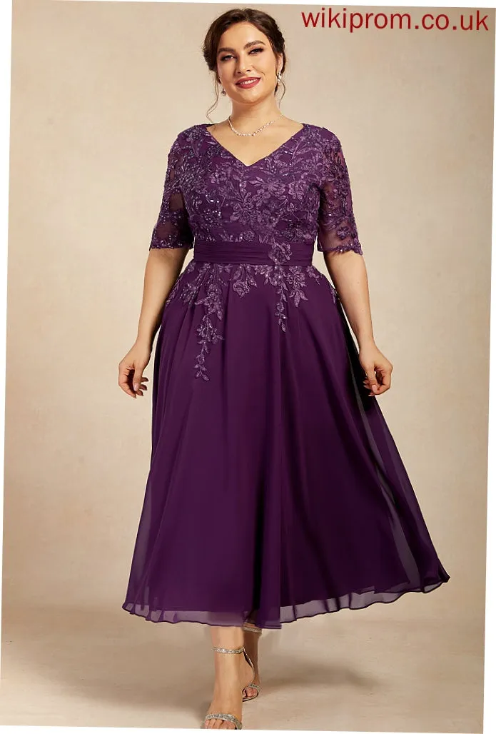 With Lace Julianne Tea-Length the Bride Mother of the Bride Dresses A-Line Chiffon Mother of Dress V-neck Sequins