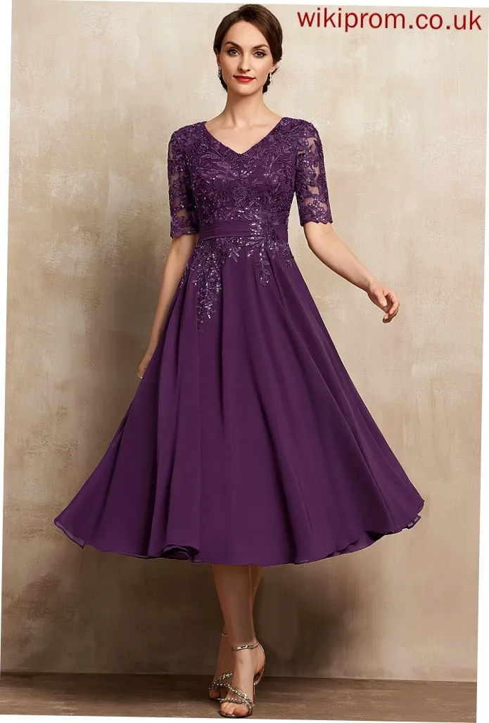 With Lace Julianne Tea-Length the Bride Mother of the Bride Dresses A-Line Chiffon Mother of Dress V-neck Sequins