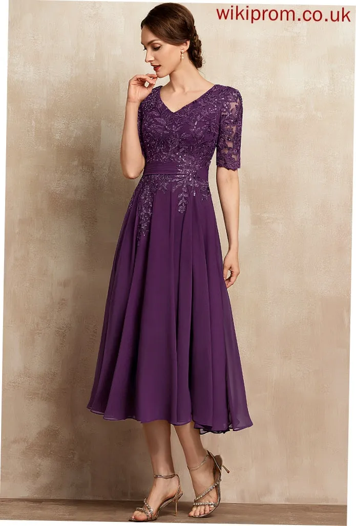 With Lace Julianne Tea-Length the Bride Mother of the Bride Dresses A-Line Chiffon Mother of Dress V-neck Sequins