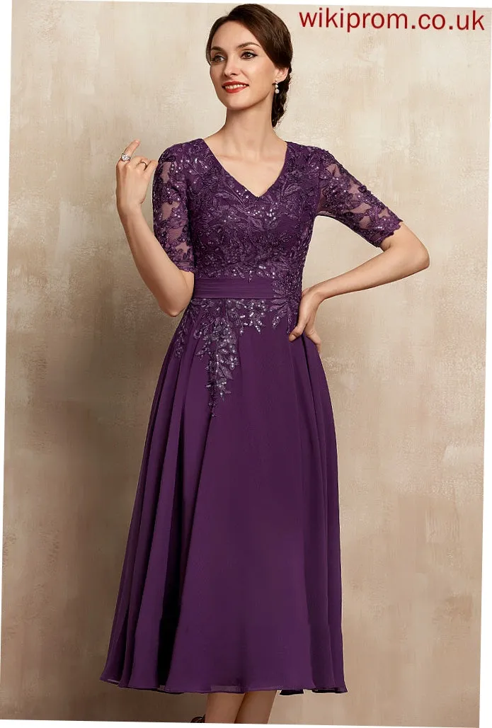 With Lace Julianne Tea-Length the Bride Mother of the Bride Dresses A-Line Chiffon Mother of Dress V-neck Sequins