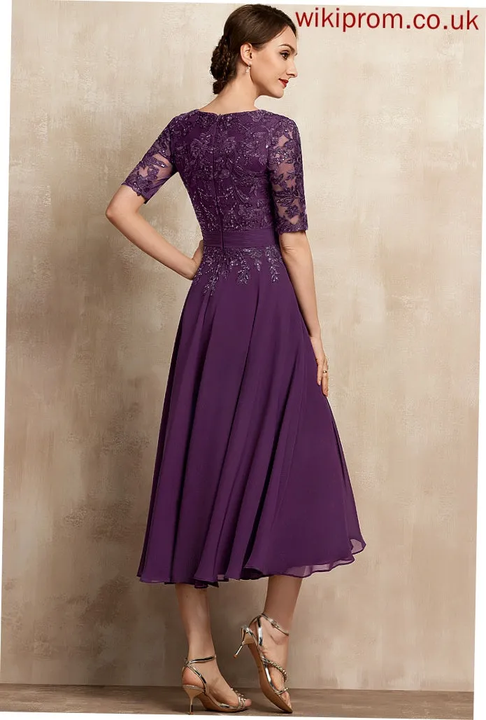 With Lace Julianne Tea-Length the Bride Mother of the Bride Dresses A-Line Chiffon Mother of Dress V-neck Sequins