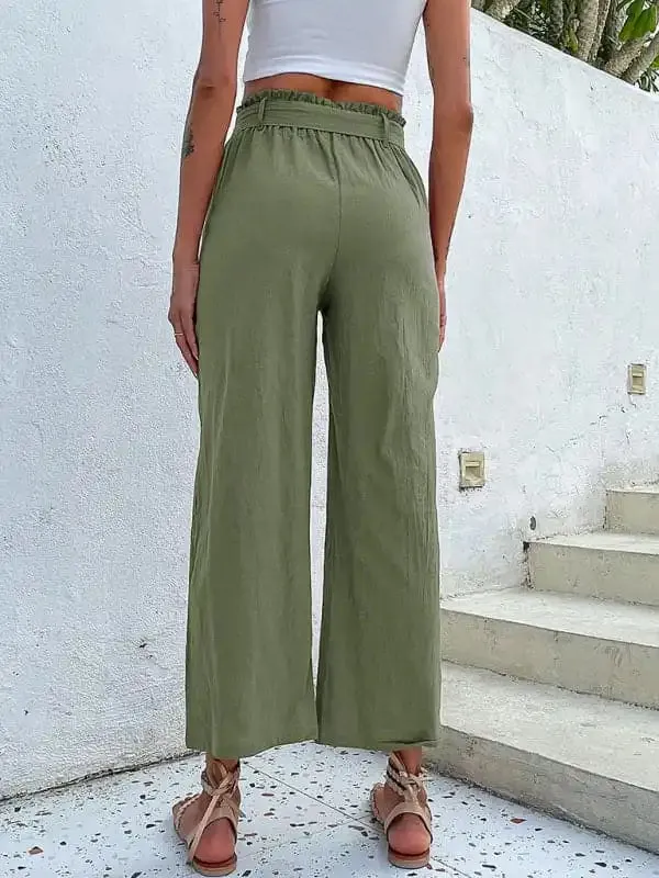 Women’s Solid Color Belted Crop Wide-leg Pants