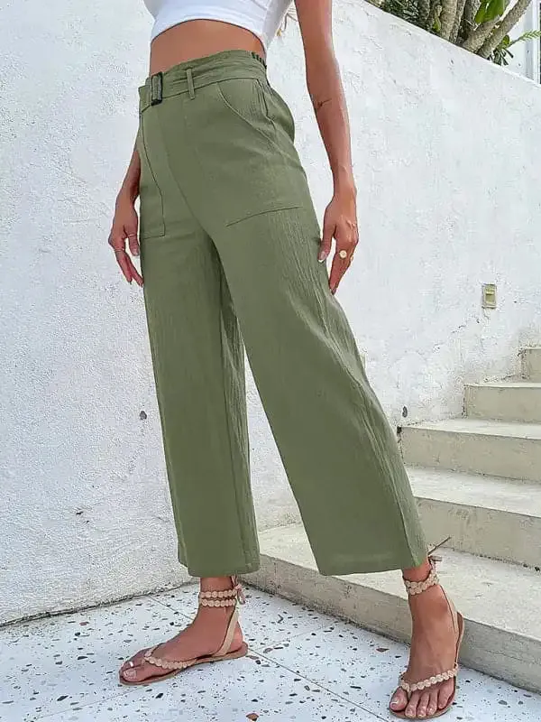 Women’s Solid Color Belted Crop Wide-leg Pants