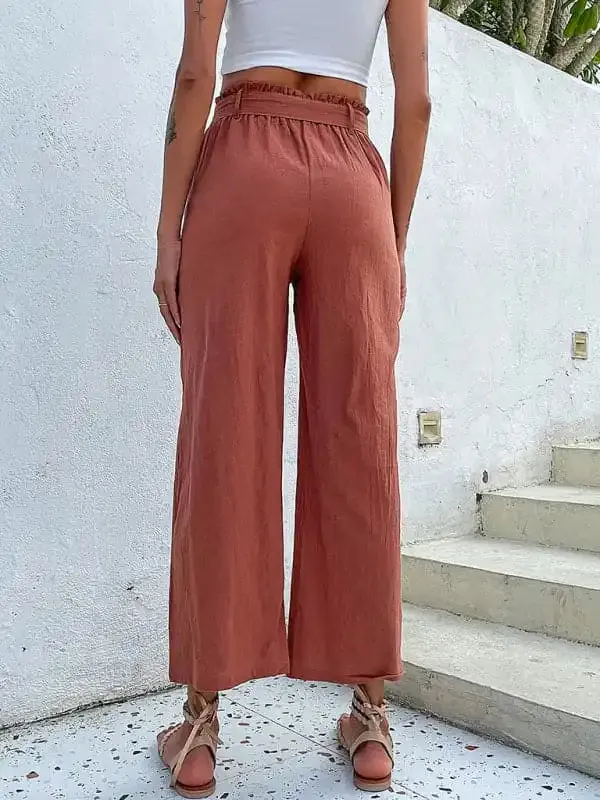 Women’s Solid Color Belted Crop Wide-leg Pants