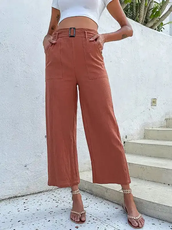 Women’s Solid Color Belted Crop Wide-leg Pants