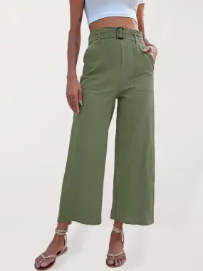 Women’s Solid Color Belted Crop Wide-leg Pants