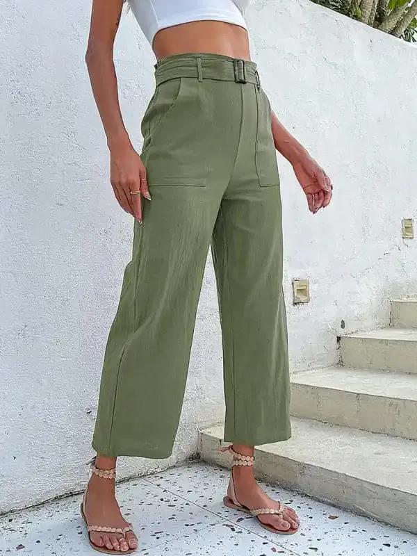 Women’s Solid Color Belted Crop Wide-leg Pants