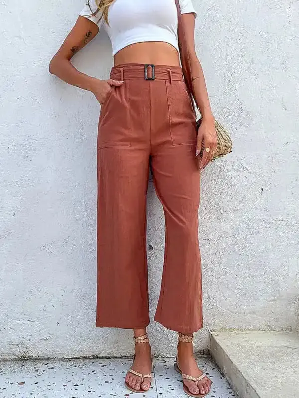 Women’s Solid Color Belted Crop Wide-leg Pants