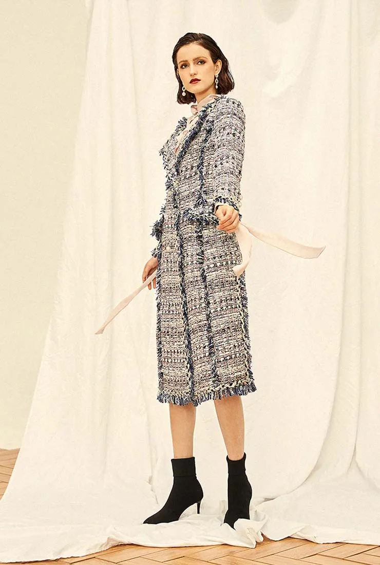 Womens Tassel Tweed Lapel Collar Long Coat