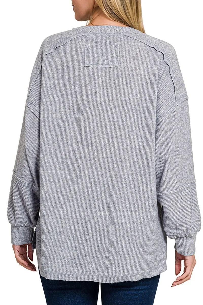 Zenana Frosty Feels Heather Gray Brushed Hacci Henley Sweater